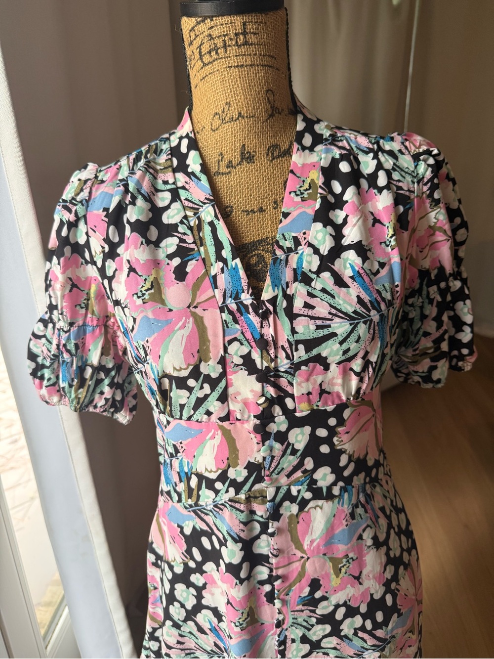 Marc Angelo Floral Puff-Sleeve Midi Dress in Black and Pastel